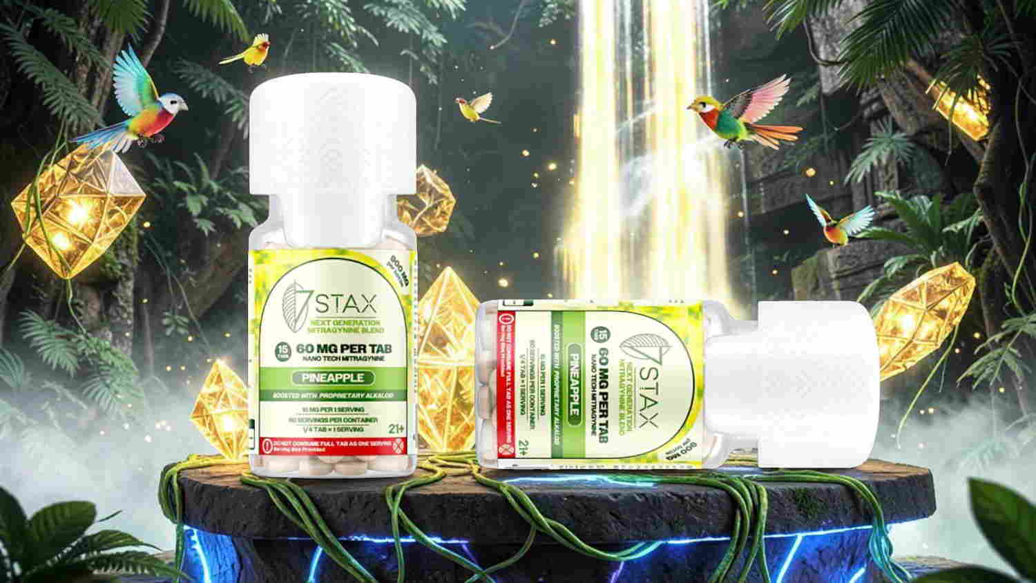 Bottles of skincare products displayed in a lush, tropical setting.