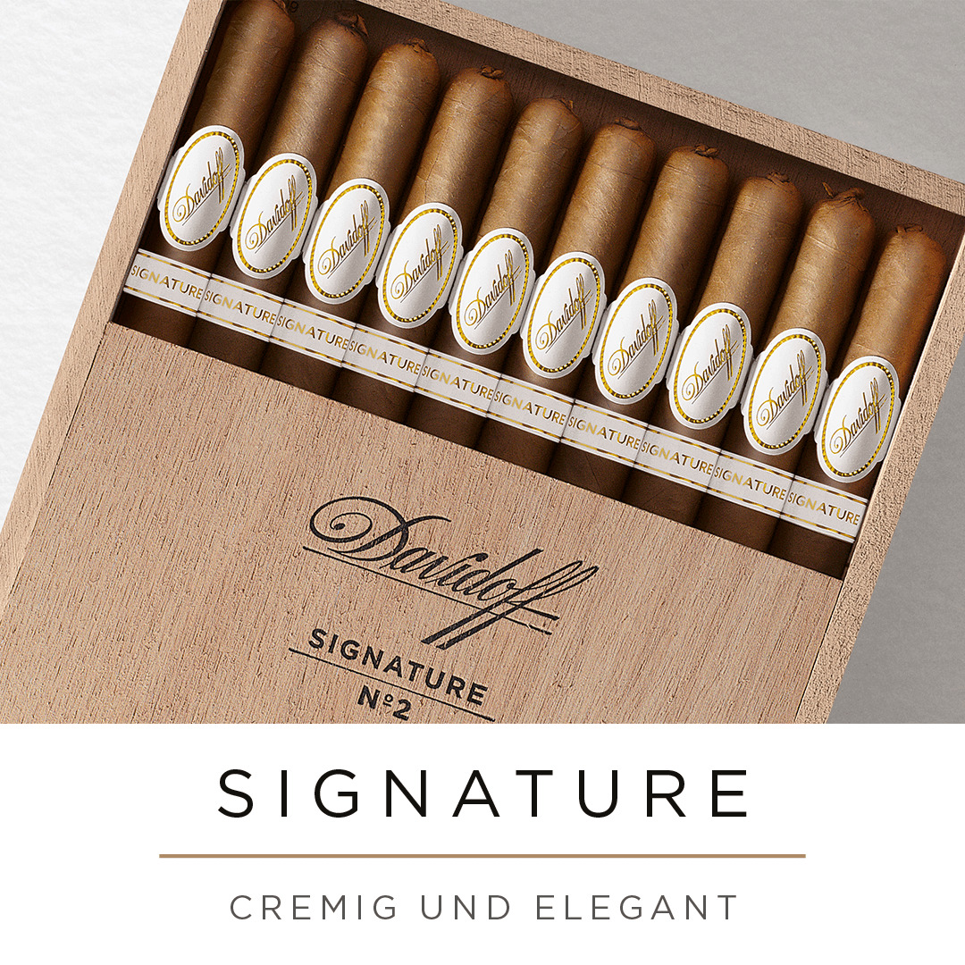 Geöffnete Holzkiste mit Davidoff Signature Nr. 2 Zigarren. 