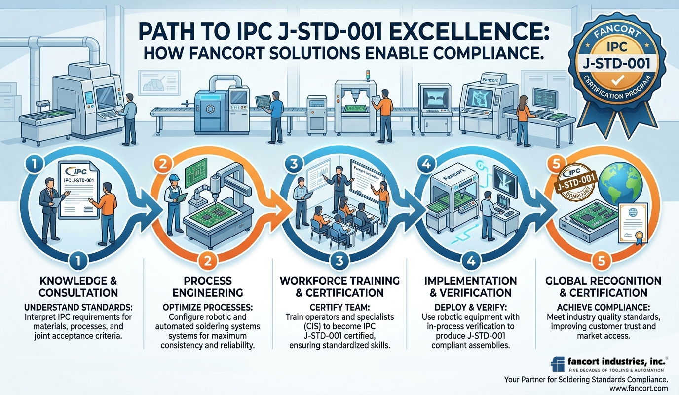 Fancort IPC J-STD-001 compliance process banner showing a 5-step workflow for automated soldering certification: 1. Knowledge & Consultation, 2. Process Engineering with robotic soldering systems, 3. Workforce Training & Certification, 4. Implementation & Verification using automated manufacturing equipment, and 5. Global Recognition & Certification for high-reliability electronics.