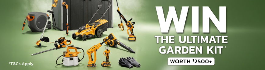 Win the ultimate garden kit with various gardening tools displayed.