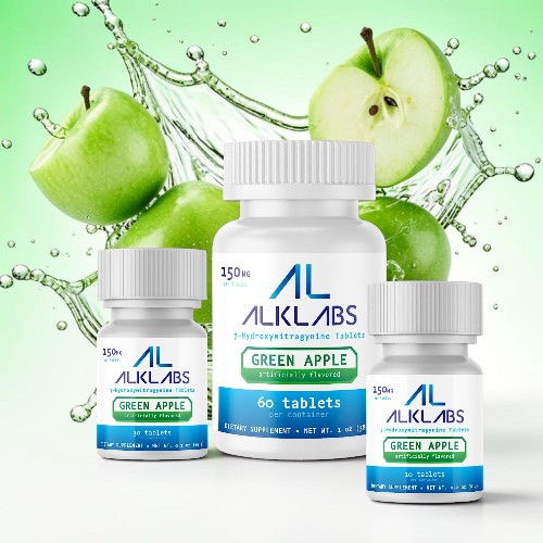 Bottles of green apple supplements with fresh apples in a splash background.