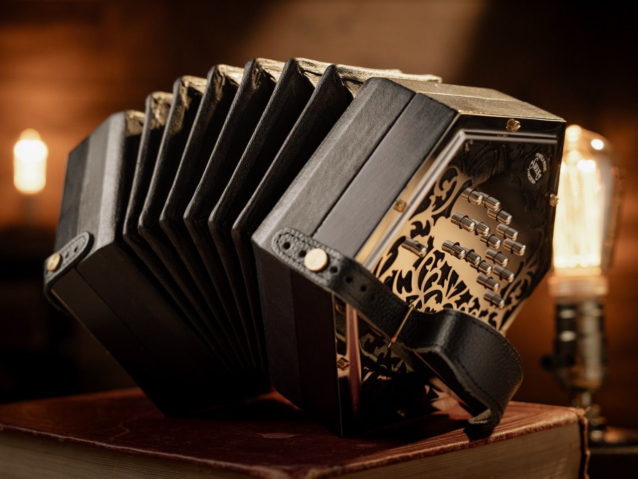 Swan Deluxe Concertina on a stack of books