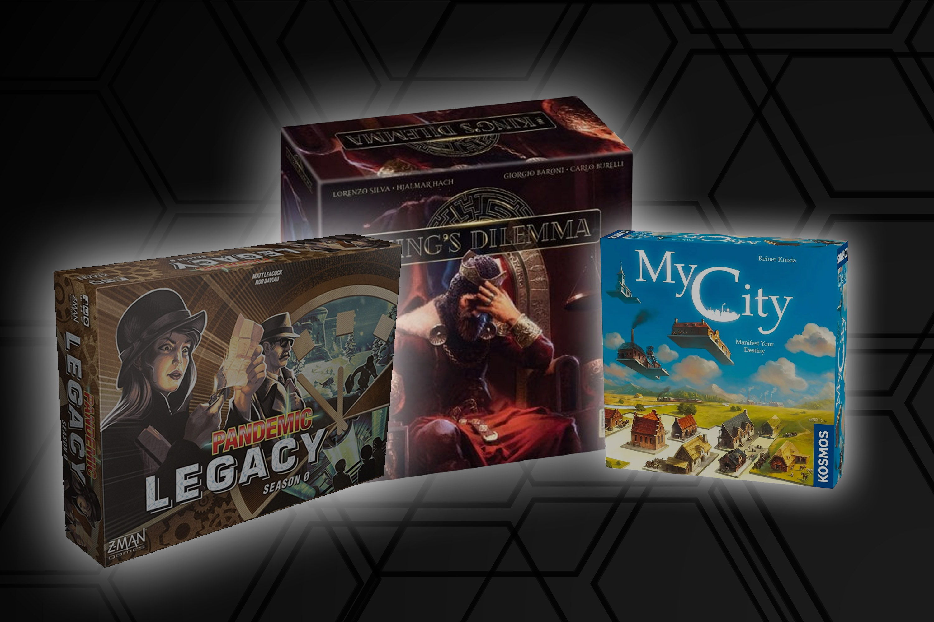 A thumbnail showing three of the best legacy board games avalible - King's Dilemma, Pandemic Legacy and My City.