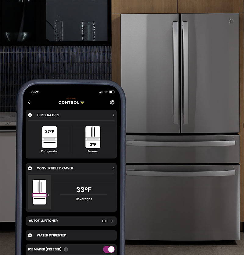 GE Profile smart refrigerator controlled by SmartHQ mobile app.