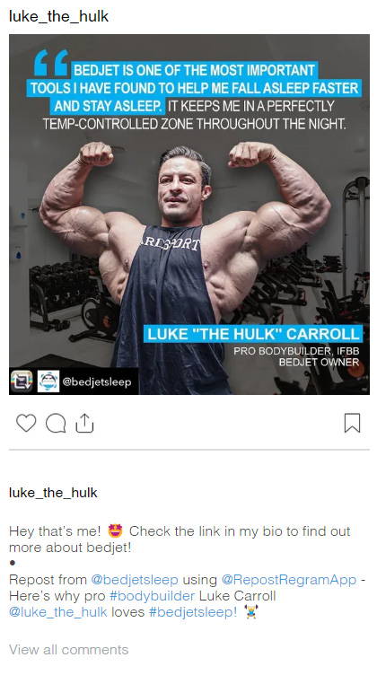 An Instagram post by @luke_the_hulk showing a male pro bodybuilder named Luke 
