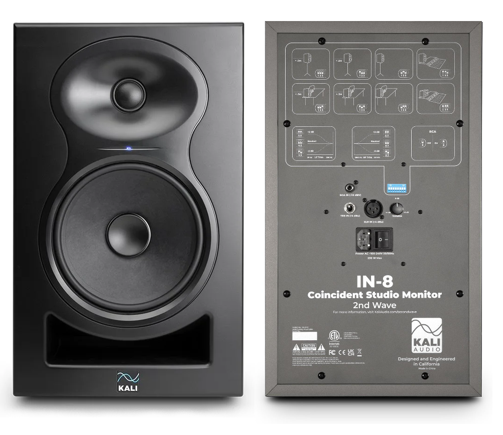 Studio monitor speaker, front and back views with controls and connections.