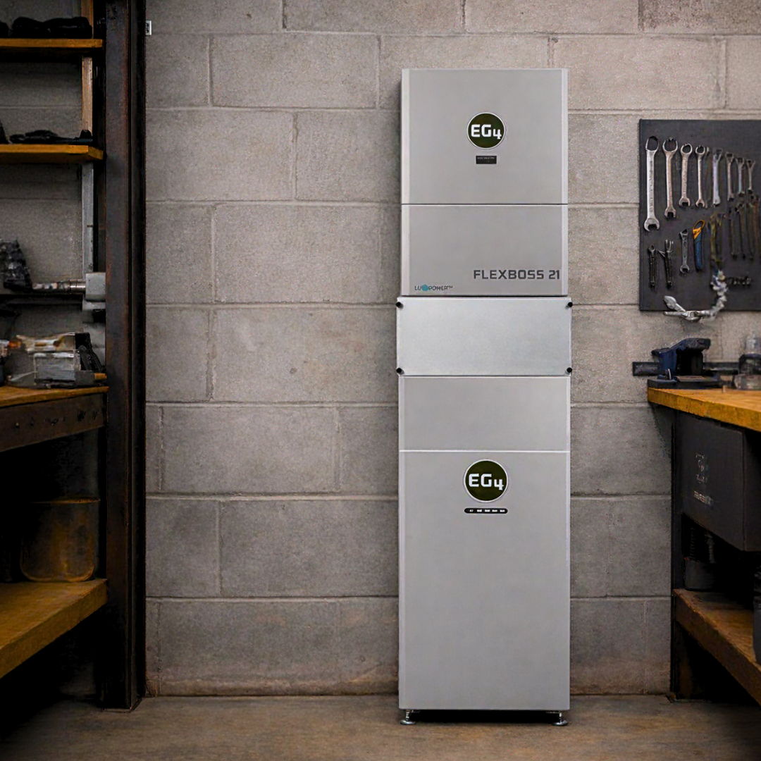 EG4 FlexBOSS21 and EG4 indoor wallmount 314ah battery in garage setting.