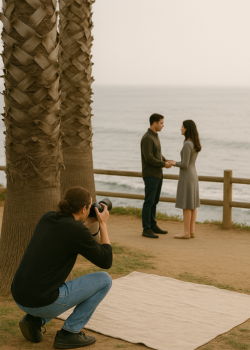 Photographer capturing a surprise engagement proposal by the ocean with a couple standing at the railing.