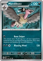 Mandibuzz Pokémon card featuring abilities and attack details.
