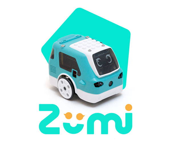 Zumi with teal branding blob and logo
