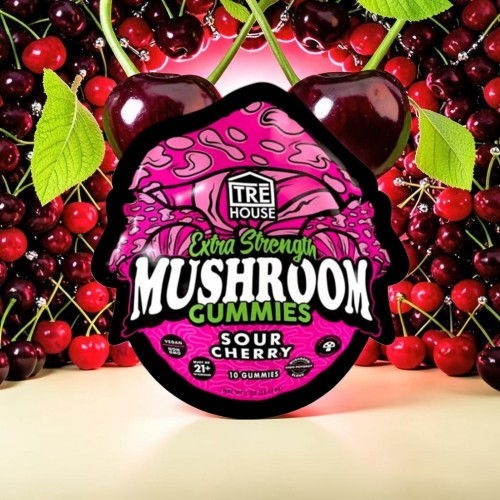 Label of sour cherry mushroom gummies with cherry background.