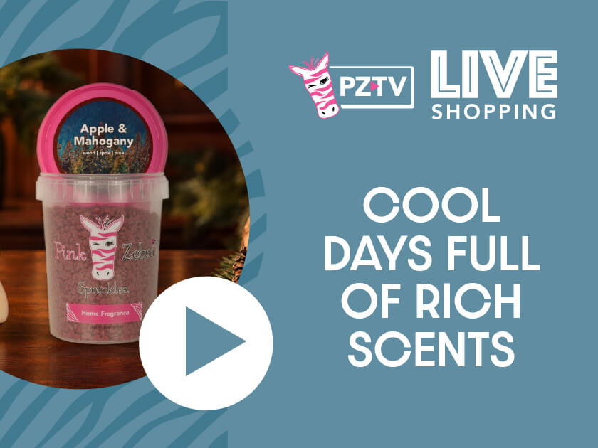 Promotional image for live shopping featuring scents and a play button.
