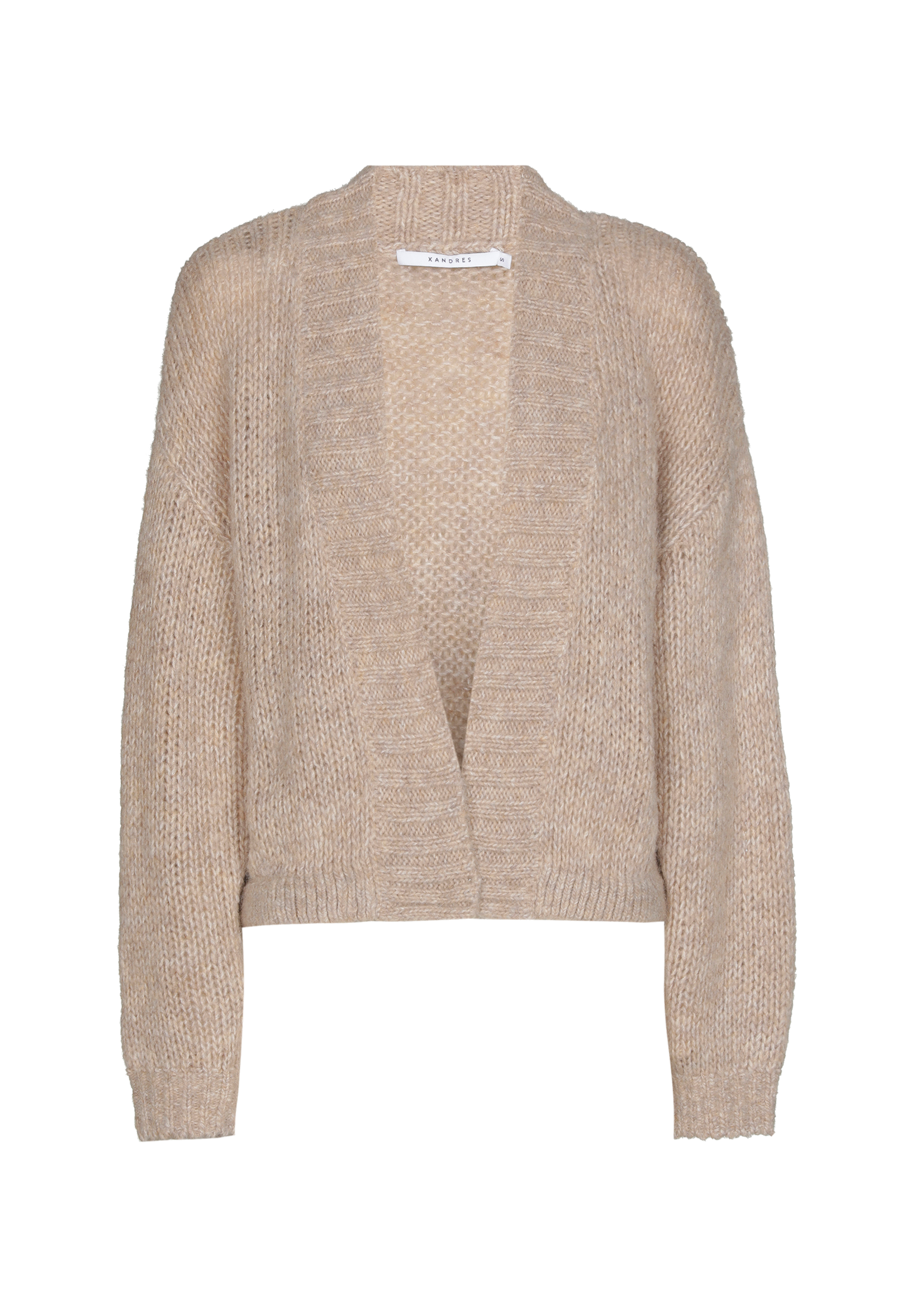 Beige, cropped cardigan with open front and long sleeves.