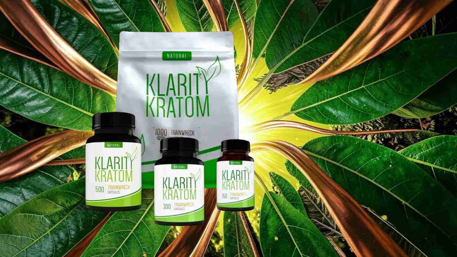 Bottles and packaging of Klarity Kratom on green leaves background.