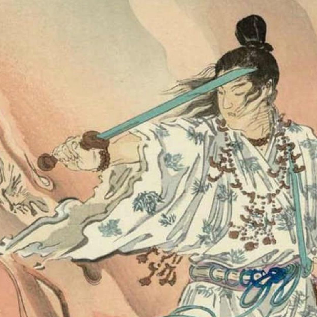 A warrior wielding a sword, dressed in traditional clothing.