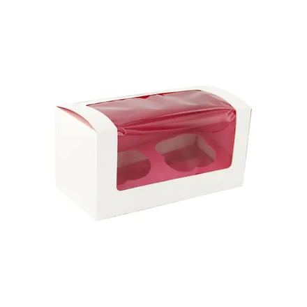A paper cupcake box with a red window and slots for two cupcakes