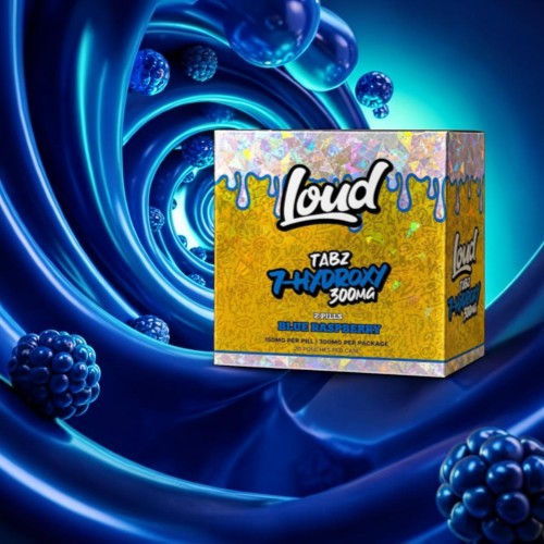 A colorful box of Loud flavored product on a vibrant blue background.