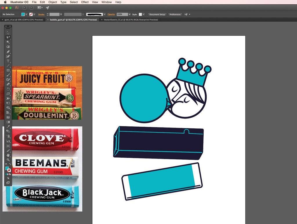 Beginning phases of retro gum t-shirt design in Adobe Illustrator next to images of vintage bubble gum packs