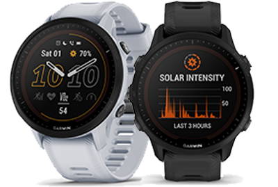 The Garmin Forerunner 955 Solar running GPS watch in black and whitestone