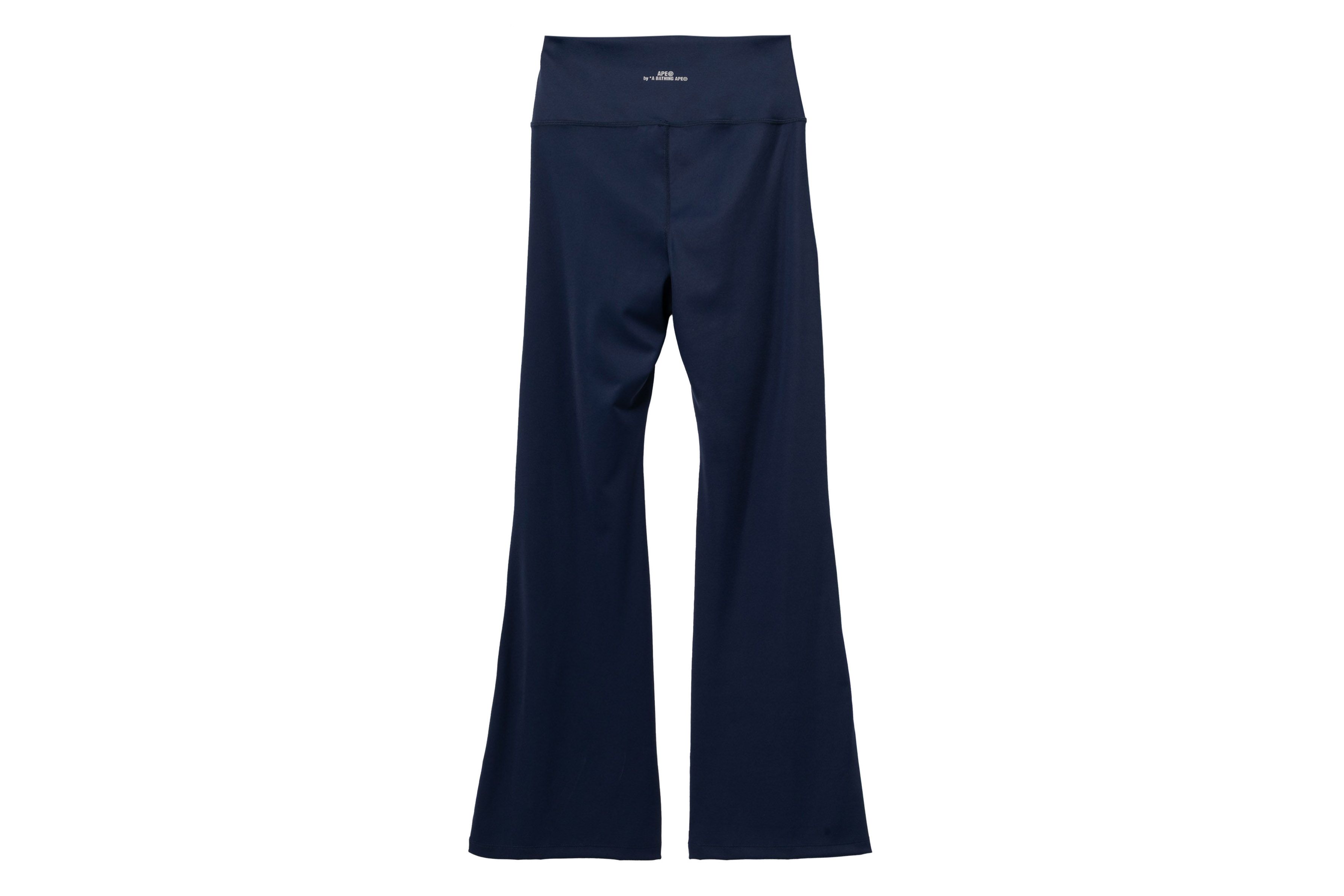 Navy blue flared yoga pants displayed against a white background.