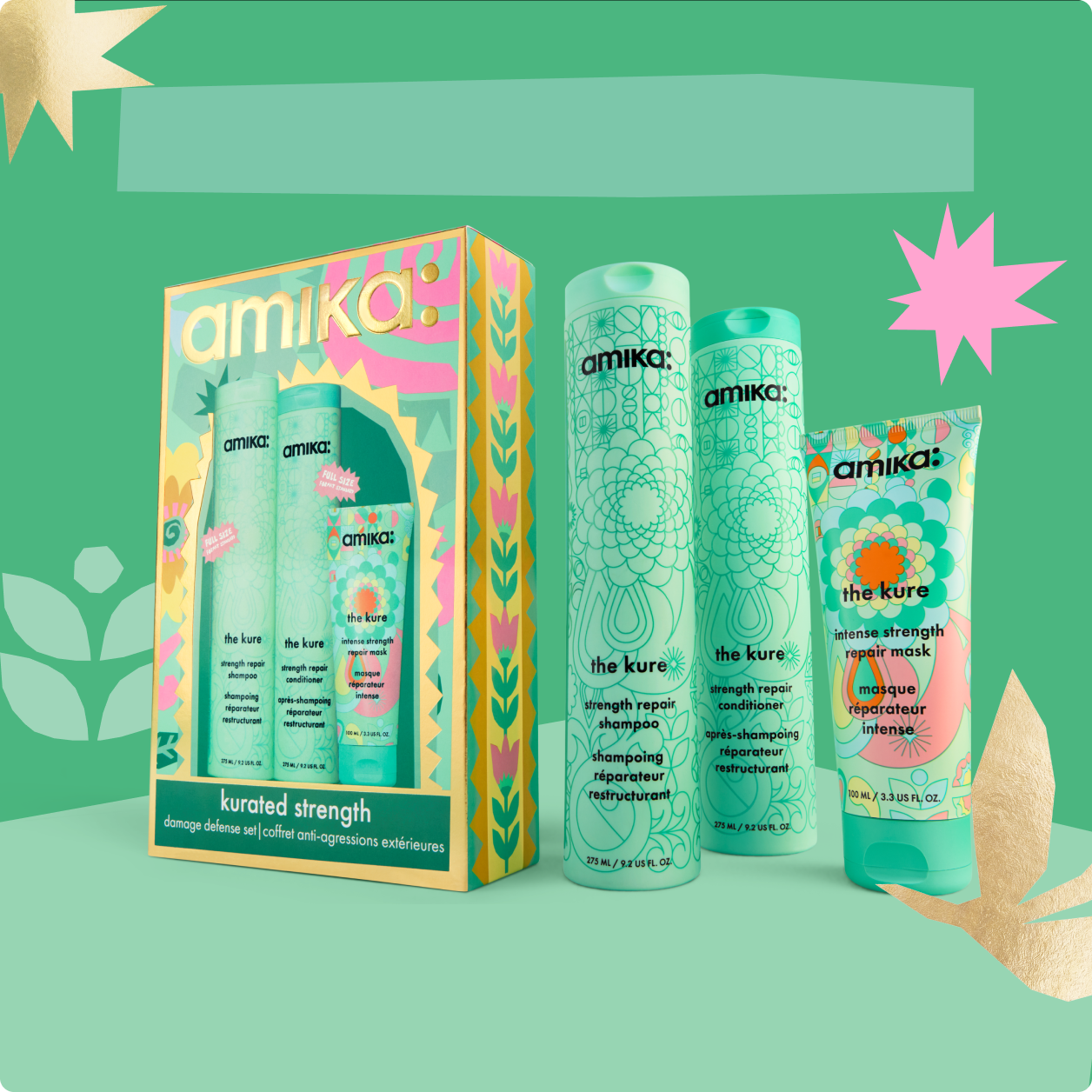Amika hair care products displayed in colorful packaging against a green background.