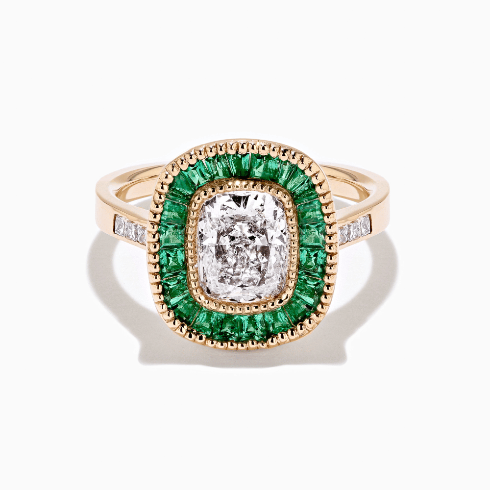 custom engagement ring featuring lab grown diamond center stone and a lab grown gemstone emerald halo by MiaDonna