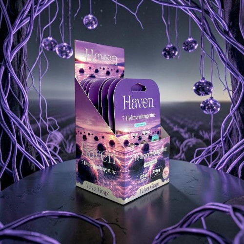Purple product display with decorative elements in a surreal background.