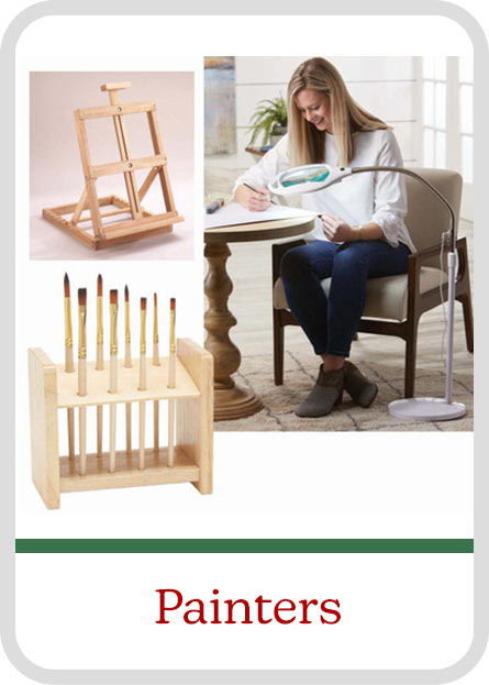 Image of painting easel, brush storage, and a woman painting at a table. Gift Category: Painters