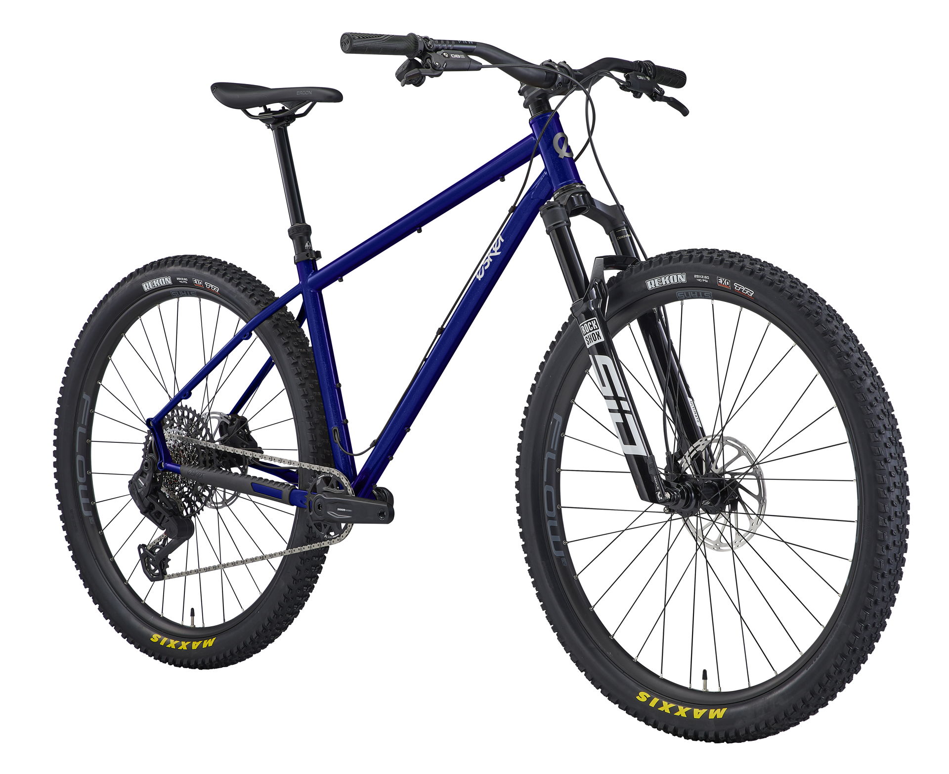 Mountain bike with a blue frame and thick tires.