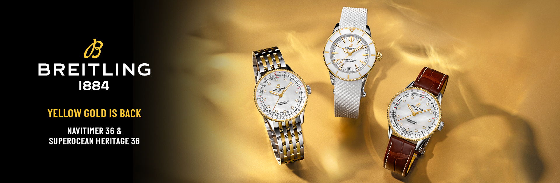 Three luxury Breitling watches on a golden background.