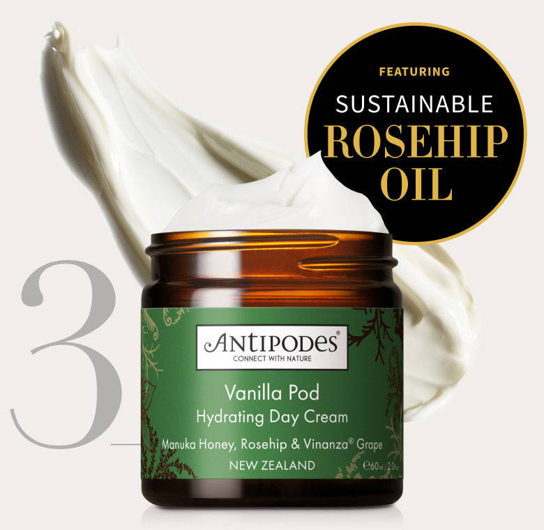 Featuring sustainable rosehip oil.