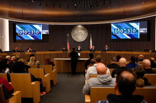 Meeting in a council chamber with attendees and officials present.