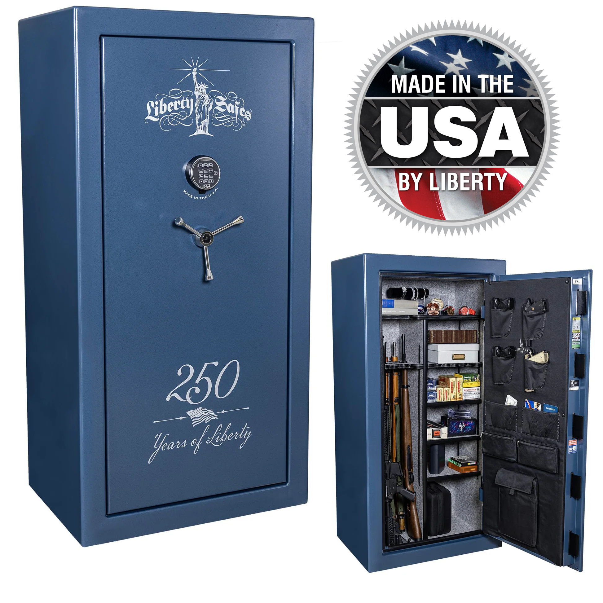 Liberty Safe's limited-edition 250th Commemorative USA 30 in textured blue featuring exclusive patriotic artwork