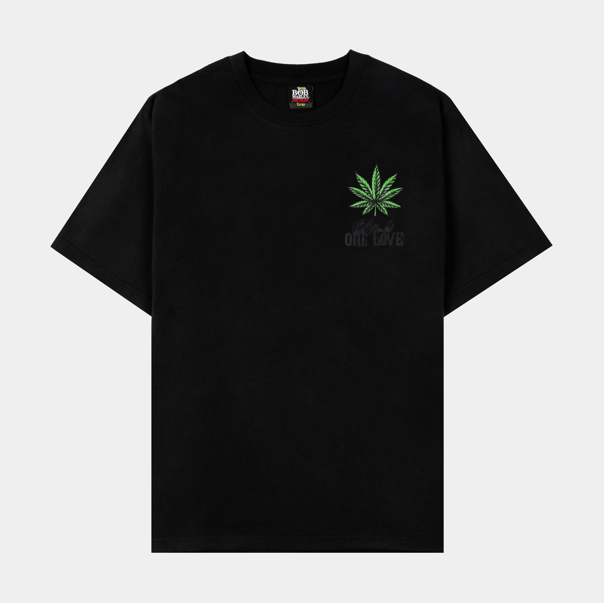 Black t-shirt with a green cannabis leaf design on the chest.