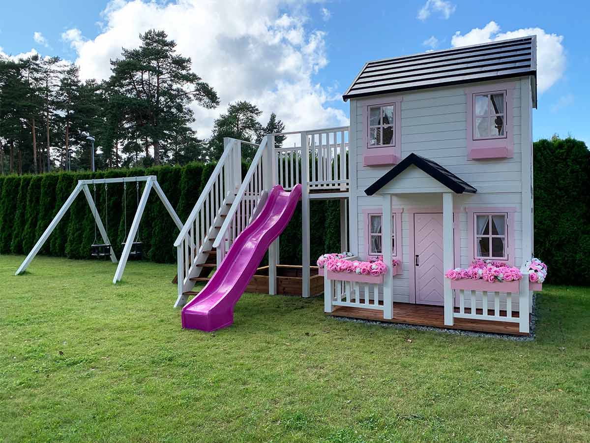 2- Story Wooden Playhouse Princess with pink slide, wooden balcony and sandbox beneath it by WholeWoodPlayhouses