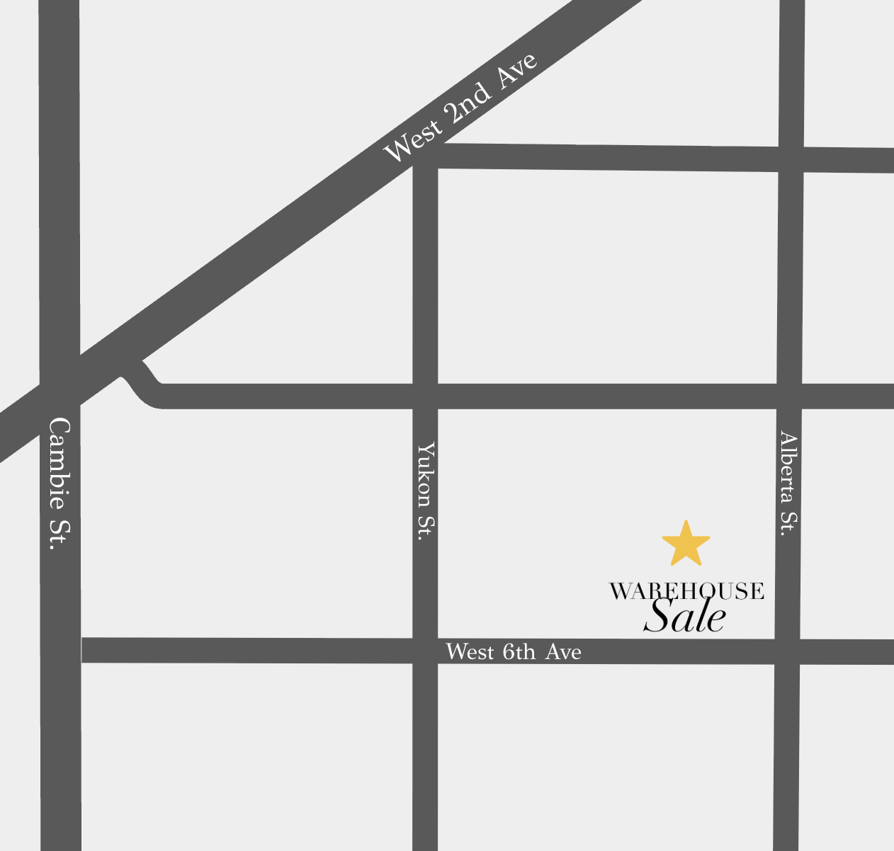 Map with streets and location marked for a warehouse sale event.