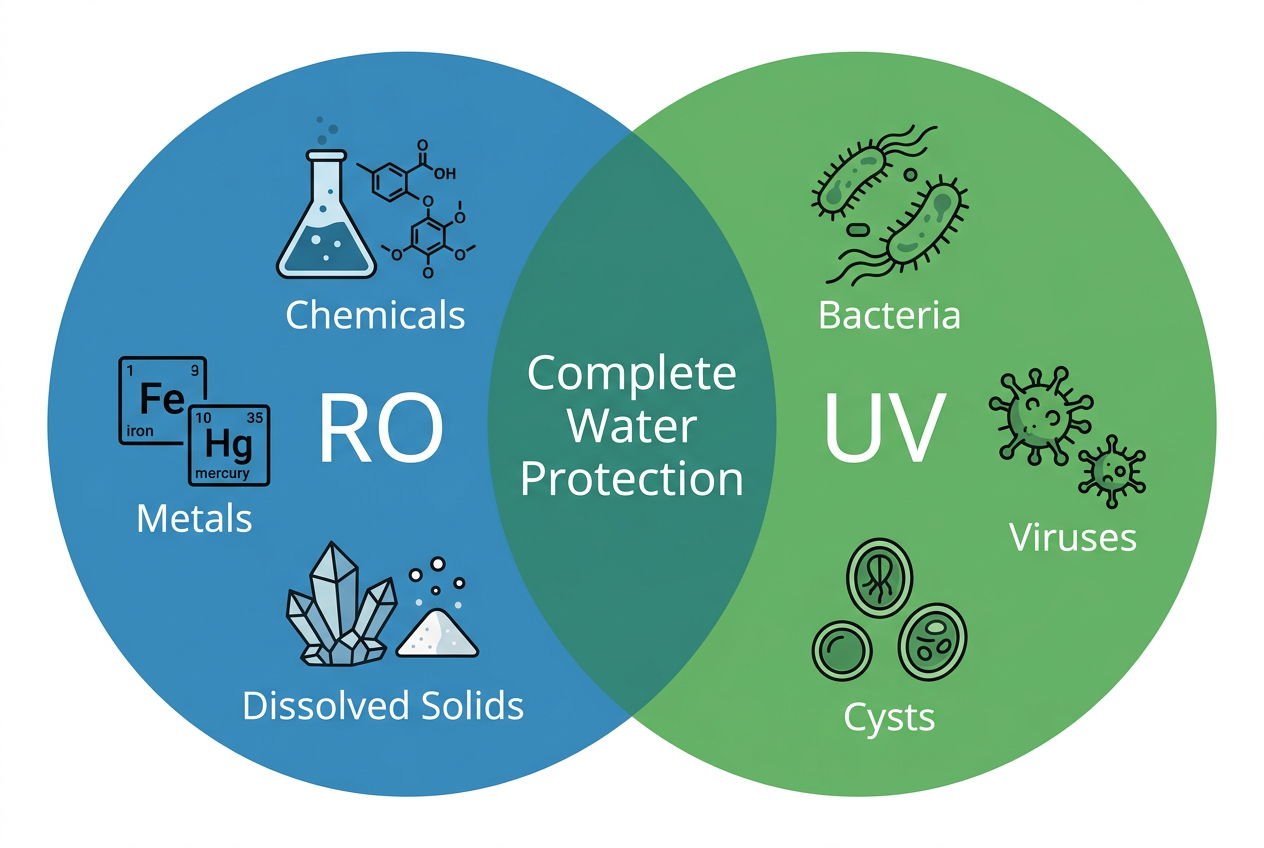 Diagram showing two overlapping circles: RO filtration covering chemicals, metals, and dissolved contaminants; UV covering bacteria, viruses, and cysts; with the overlap zone labeled 