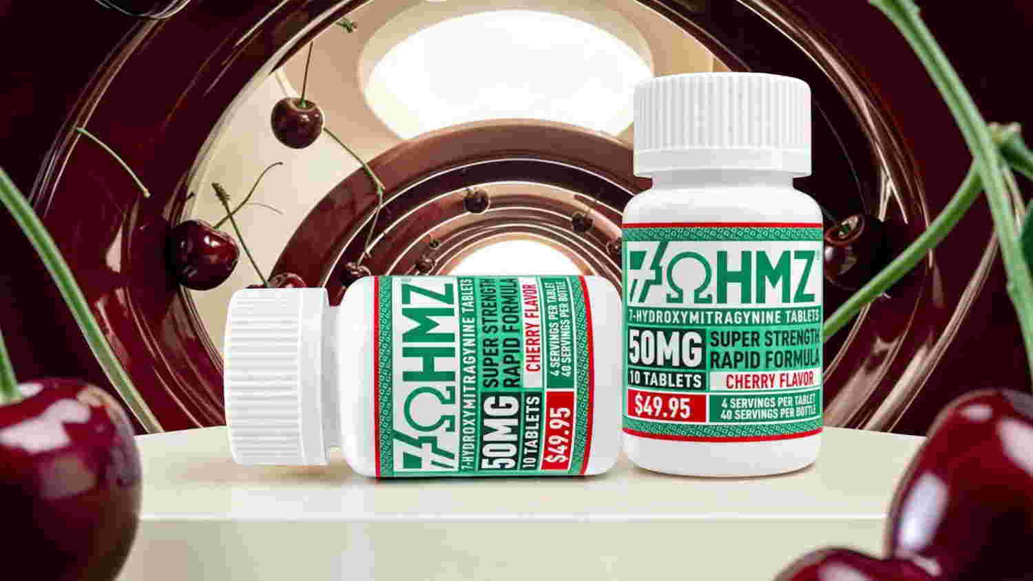 Two bottles of supplement with cherries in the background.