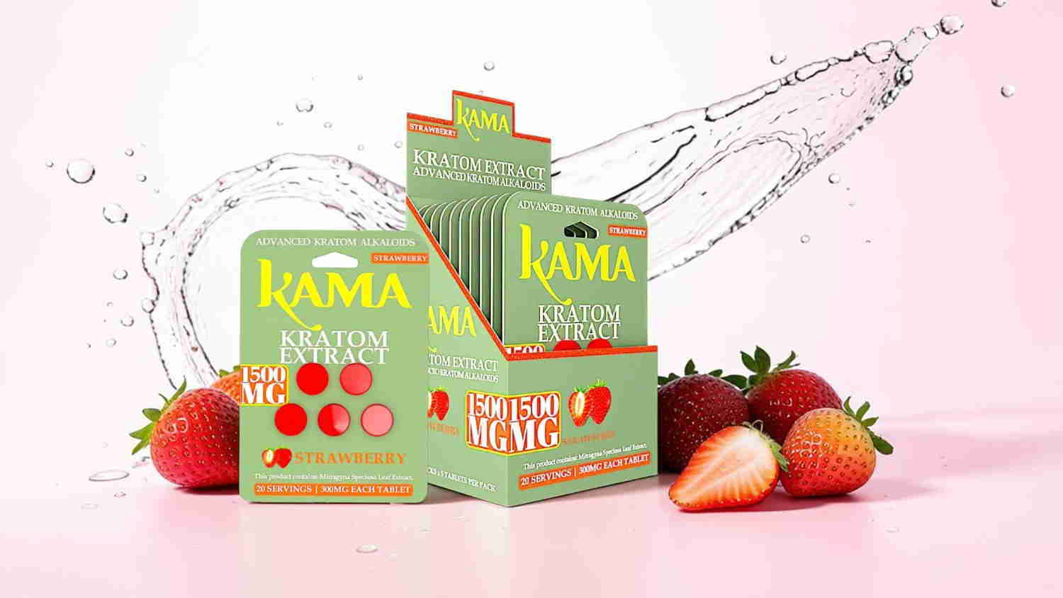 Display of strawberry-flavored products with fresh strawberries and splashing water.