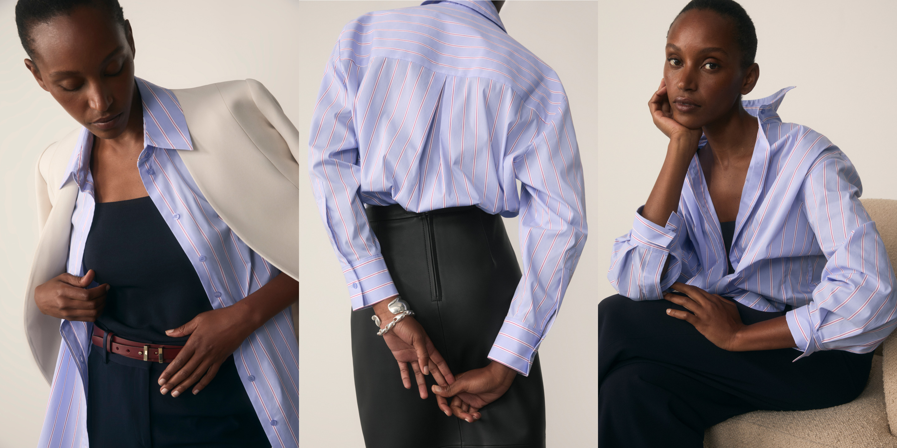 Model wearing Claudia blue stripe shirt