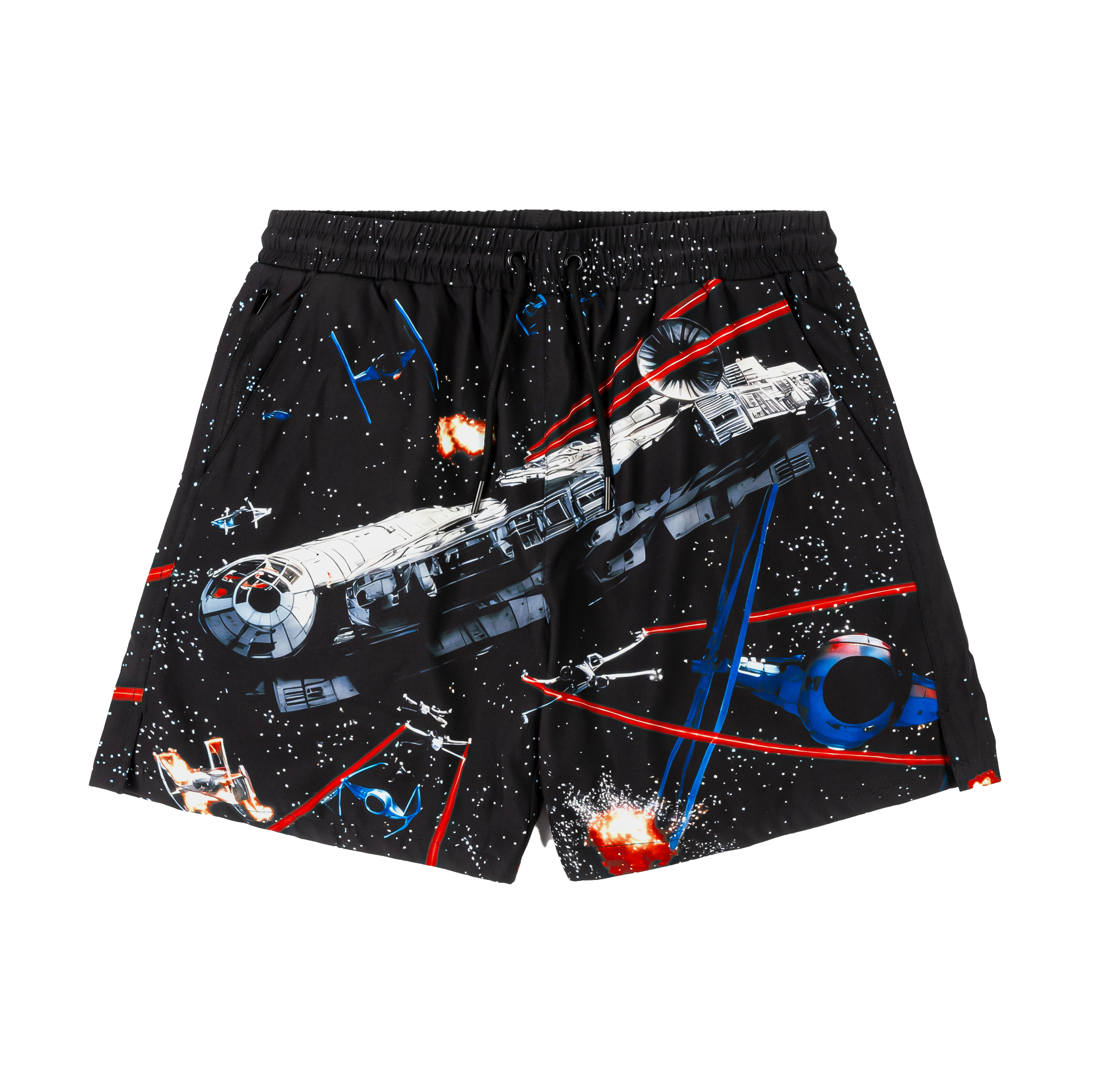 Black swim shorts featuring a space theme with starships and cosmic elements.