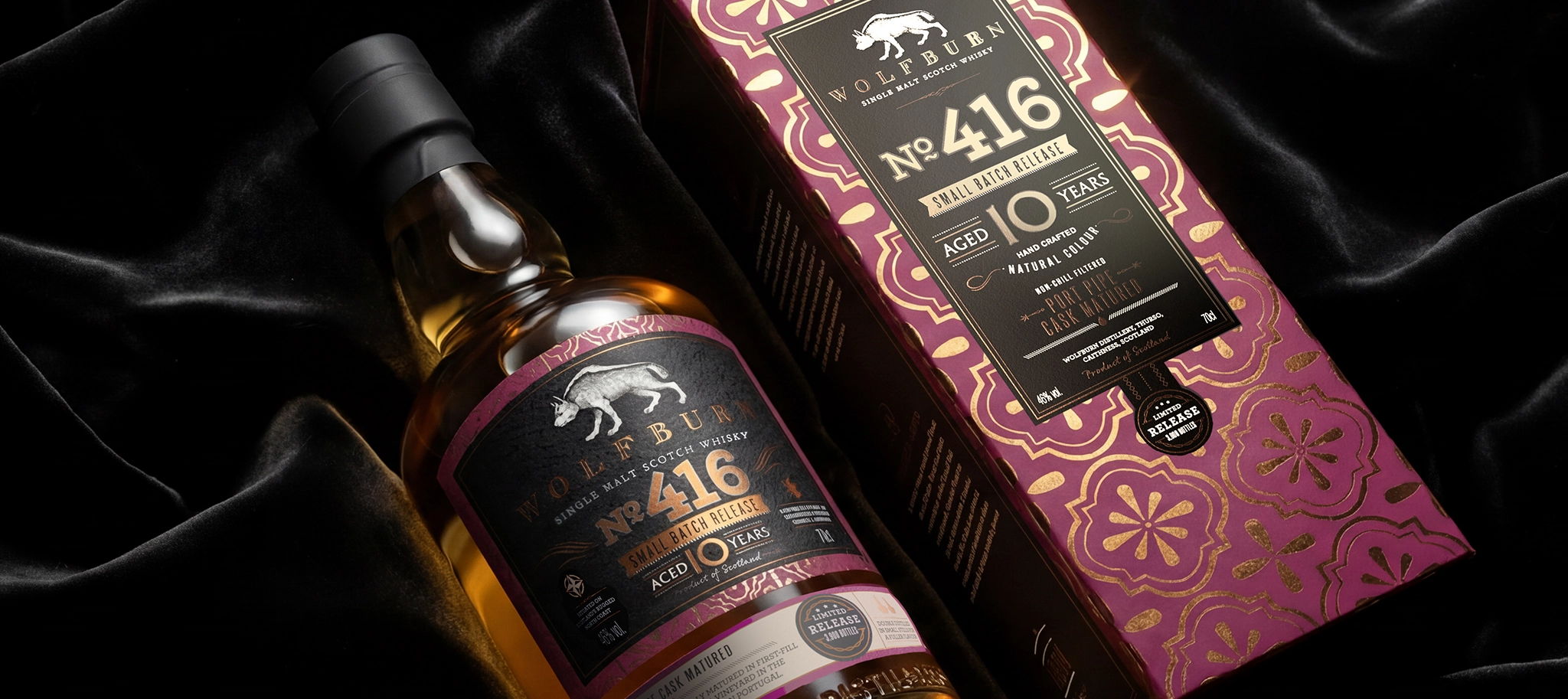 Small Batch 416 Single Malt Scotch Whisky on a black silk background