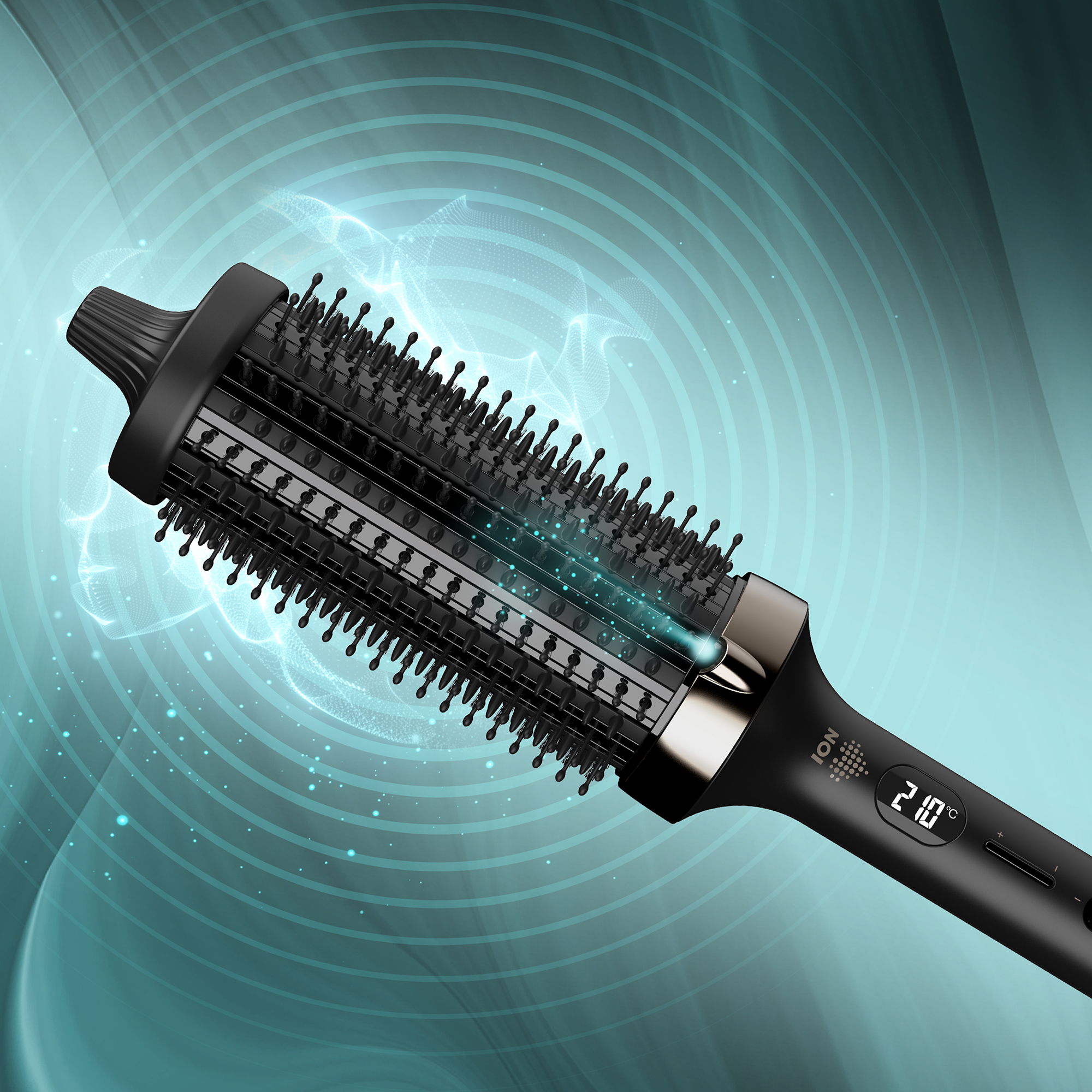 A hair styling tool with bristles and a sleek design.