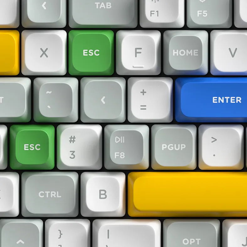 Colorful computer keyboard keys with various function and letter keys.