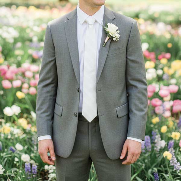 Groom in a light gray suit with a white tone-on-tone striped tie