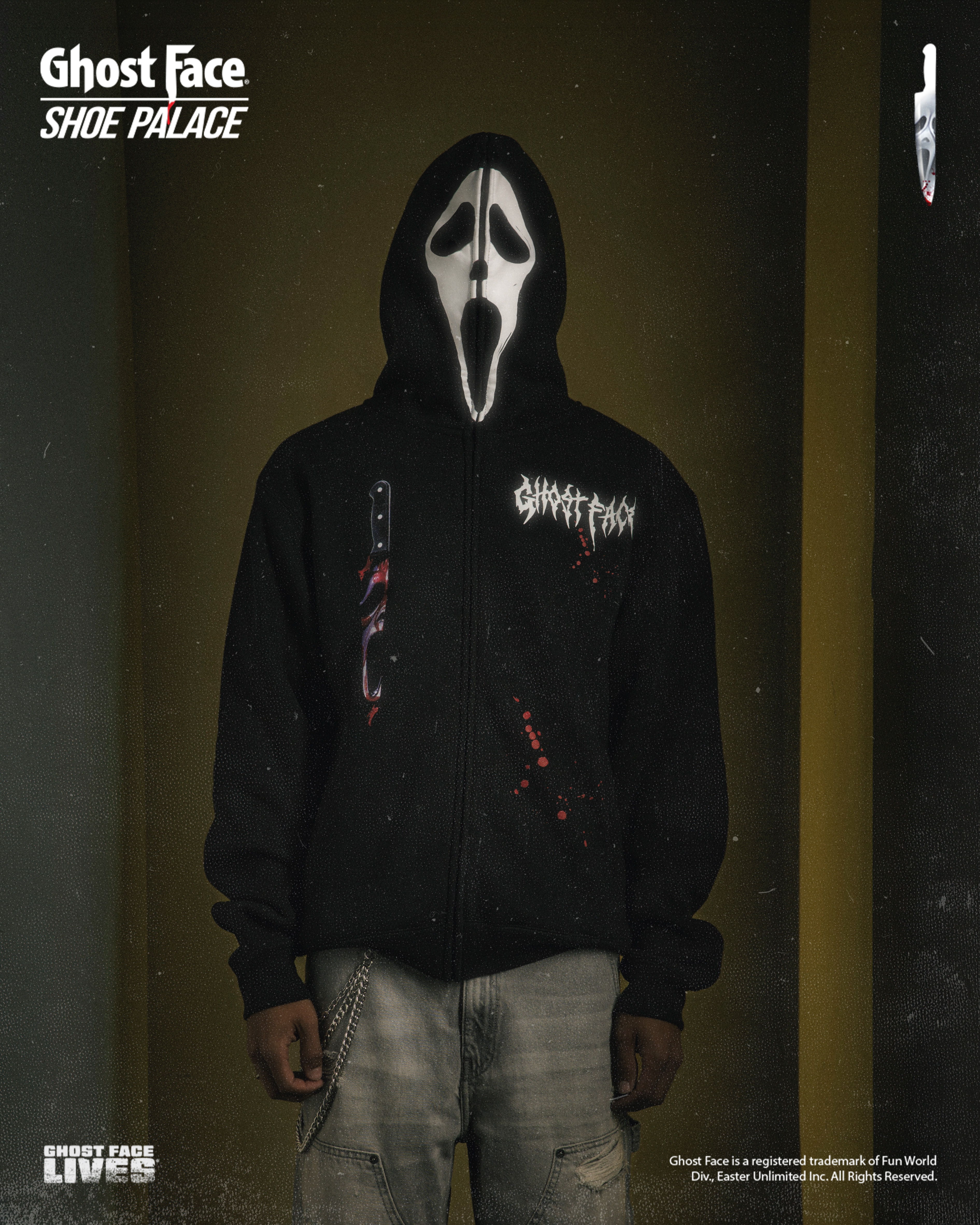 Person in a Ghost Face hoodie against a dark background.