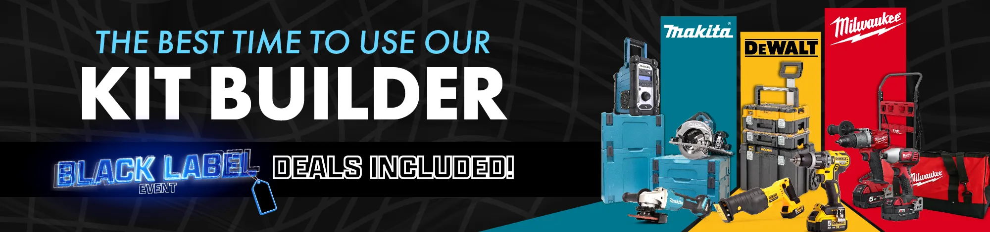 Promotional banner for a kit builder service with various tools displayed.