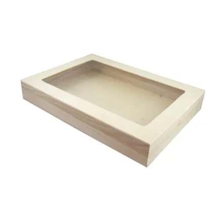 A rectangular wooden box with a windowed lid