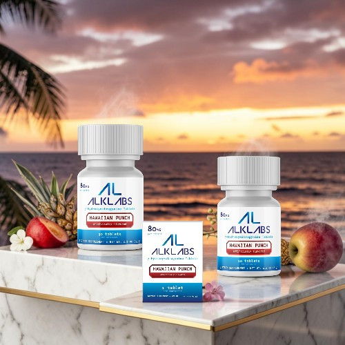 Bottles of supplements on a marble table with a sunset background.