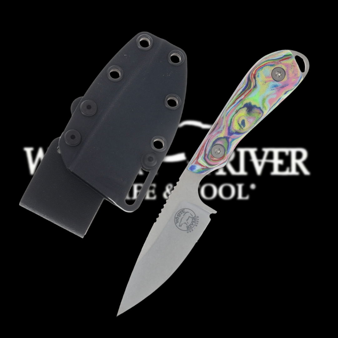 Knife with colorful handle and black sheath on a dark background.